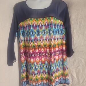 Kate & Mallory Multicolor Patterned Tunic with Navy Accents